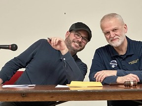 Quiz master Bill Denning (left) and Larry Schneider, president of the Rodney Kiwanis Club, presided over the club's Trivia Night, held at the International Club on Jan. 28. Becky Byers photo