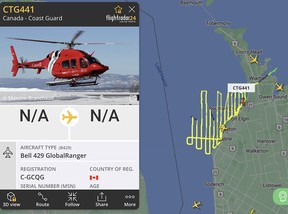 Tangkapan layar dari situs web Flightradar24 yang diambil Selasa sore menunjukkan jalur penerbangan helikopter Penjaga Pantai Kanada.  Tangkapan layar/Flightrader24.com