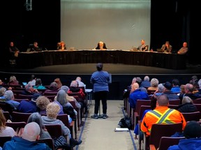 A member of the public makes one of 19 scheduled deputations at Monday's council meeting inside Meaford Hall before council voted 5-2 to provide conditional support to TC Energy's proposed pumped storage facility. Greg Cowan/The Sun Times