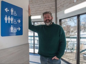 Zac Gribble, executive director of Destination Stratford, stands inside the renovated boathouse on York Street, where brand new public washrooms are expected to provide much-needed relief downtown during this year’s tourism season.