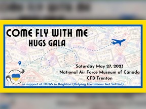A digital flyer for the upcoming Come Fly With Me Hugs Gala in support of Ukrainian refugees. Submitted.