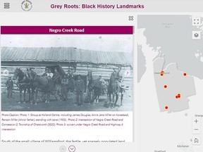 A screenshot of the new interactive map of significant Black history sites in Grey County that has been launched by Grey Roots Museum and Archives