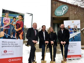 Stratford Mayor Martin Ritsma joined officials from Tennis Clubs of Canada, Tennis Canada and Rogers during a ground-breaking ceremony at the Stratford Tennis Club Wednesday morning for a project that will allow the local tennis club to offer year-round access to courts through the seasonal installation of a clear bubble over five of the club's six courts from the beginning of October to the end of April each year. Pictured from left are Ritsma, Tennis Clubs of Canada CEO and Stratford Winter Tennis Club lead facility operator Adam Seigel, Tennis Canada senior director of facilities and development Anita Comella and Rogers Communications senior manager of sales for southwestern Ontario Jeremy van den Heuvel. (Galen Simmons/The Beacon Herald)