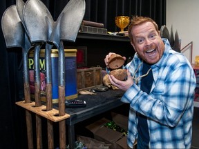 Actor Eddie Glen has some fun with a pair of coconut halves during a meet-and-greet for the cast and crew of Spamalot, the upcoming musical in Stratford. Glen will be playing Patsy when the show opens at the end of May. (Chris Montanini/Stratford Beacon Herald)