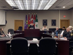 Cornwall police services board members, from left: Coun. Maurice Dupelle, Amanda Brisson, chair Michel Payette, secretary Diane Brown, Stephen Scott, Mayor Justin Towndale, Deputy Chief Vincent Foy, and Chief Shawna Spowart during their meeting in council chambers on Thursday March 2, 2023 in Cornwall, Ont. Hugo Rodrigues/Cornwall Standard-Freeholder/Postmedia Network