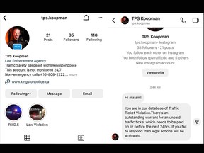 Kingston Police are warning the public of a fake Instagram account impersonating one of their officers.