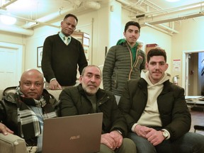 Members of the Zoba family, pictured on the right, are asking Stratford and area residents for help resettling as many as 55 of their close family members who were recently displaced by the devastating earthquakes that hit Turkey and Syria Feb.  6. The Zobas are working with the Multicultural Association of Perth Huron and the Local Immigration Partnership to help their family members immigrate from Turkey to Canada.  Pictured from left are Local Immigration Partnership settlement coordinator Michael Benti, multicultural association executive director Geza Wordofa, Mohammad Zoba and sons Hasan and Abdullah Zoba.  (Galen Simmons/The Beacon Herald)