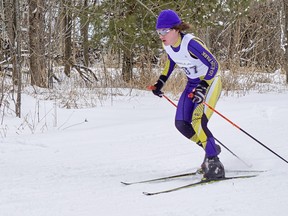 Callum Wiss, from Lo-Ellen Park Secondary School, competes in the junior boys distance race at the 2023 OFSAA Nordic Skiing Championships in Lakefield, Ont.