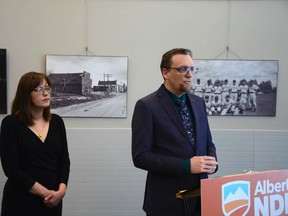 Airdrie-East NDP candidate Dan Nelles and Calgary-Mountain View MLA and NDP energy critic Kathleen Ganley speak at a press conference in Airdrie on March 6.