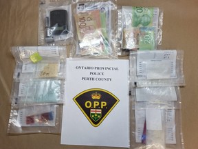 Provincial police say officers allegedly seized nearly $7,500 worth of suspected fentanyl, methamphetamine, and hydromorphone following the execution of a search warrant in Listowel this month. (Photo courtesy Perth County OPP)