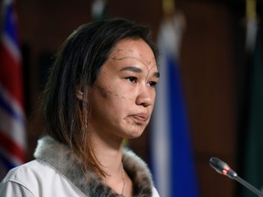 Then-NDP MP Mumilaaq Qaqqaq speaks during a news conference in 2021. She has said she never felt safe on Parliament Hill.