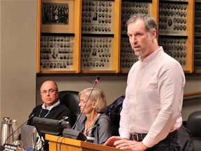 Graham Cubitt, Indwell's director of projects and development, speaks about the proposed supportive housing project in Chatham during Monday's council meeting. (Trevor Terfloth/The Daily News)