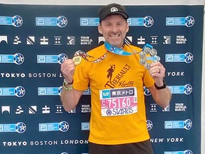 Marc Rodrigue, of Timmins, shows off his Six-Star and Tokyo Marathon medals after completing the Tokyo Marathon on Sunday in 3:56.3. The Six-Star Medal is awarded to runners who complete all World Marathon Majors in Boston, London, Berlin, Chicago, New York and Tokyo. This year, there were 3,000 runners aiming for the coveted prize, making it the marathon with the most people to earn a Six-Star Medal at a single race.

Supplied