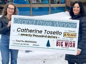 Lil Silvano (right), president and CEO of Group Health Centre, presents Catherine Tosello with her Big Wish Grand Prize. Silvano, a former Sault Area Hospital executive, took on the top GHC post last November.