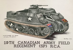 A painting of an A-64739 Gunner tank, the same tank Stratford's Arthur Boon served as gunner in during the D-Day invasion and subsequent liberation of Holland at the end of the Second World War.  The tank was painted in the pointillist style by Art's son, Rick, for his dad.  Submitted photo