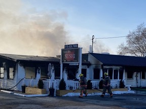 Norfolk County firefighters on the scene of a fire at Sakura Sushi restaurant on Highway 24 (Norfolk Street South) near Simcoe on Thursday afternoon. SIMCOE REFORMER