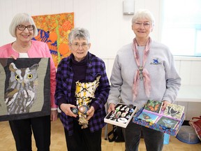 From left, Helena Hill, Carol Bowyer and Liz Addison stand with samples of their nature-related hobbies during the February Huron Fringe Field Naturalist club meeting. Photo by Christine Roberts