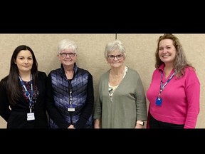The Kiwanis Club of Chatham-Kent marked International Women's Day by celebrating its first woman member, Jean Coulson, centre right, who joined in 1989. She's flanked by past-president Cathy Telfer, left, president-elect Marlena Goncalvez  and president Kelley Robertson. (Supplied)
