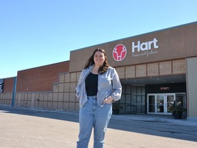 The Stratford Mall will soon undergo renovations to the building's exterior façade aimed at modernizing the mall's look and feel and drawing in visitors and new tenants. Pictured, Stratford Mall manager Allison Ballantyne stands outside one of the mall entrances. (Galen Simmons/The Beacon Herald)