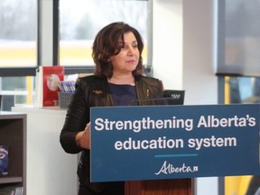 Education Minister Adriana LaGrange at Sherwood Park's Heritage Hills Elementary for the Tuesday, March 14 provincial announcement concerning increasing the student transportation budget. Travis Dosser/News Staff