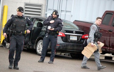 Police investigate an incident at GFL Memorial Gardens, near Bay Street and Ron Francis Way, on Friday, March 17, 2023 in Sault Ste. Marie,. Ont. (BRIAN KELLY/THE SAULT STAR/POSTMEDIA NETWORK)