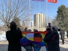 Mayor Matthew Shoemaker raised a flag at the Civic Centre on Mon. March 20, 2023 to mark 2Spirit Awareness Week, which runs from March 20-24.    ELAINE DELLA-MATTIA