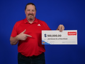 Jamieson Blanchard from Bonfield won $100,000 on an instant scratch ticket that was purchased by his friends. He plans to travel to Jamaica.