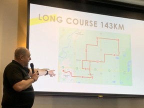 Michael Brown, director with MB Events which is heading up the local L'Étape Canada event, revealed all of the routes for the August 13 event at teh recent March 15 Chamber luncheon.  The original start line at Millennium Place has been shifted to Broadmoor Lake Park. Lindsay Morey/News Staff