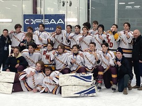 Regiopolis-Notre Dame Panthers gather for a team photo after winning the bronze medal at the OFSAA A/AA boys hockey championship in St. Catharines on Thursday, March 23, 2023. The Panthers defeated Paris District High School 3-1.