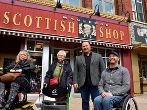 MacLeods Scottish Shop was presented with Stratford's 2022 accessibility award at Monday's council meeting. Pictured from left are Stratford accessibility advisory committee vice chair Diane Sims, Scottish shop customer and the person who nominated the store for the award, Bettie Mollins, store owner Rob Russell, and advisory committee chair Roger Koert. Galen Simmons/The Beacon Herald/Postmedia Network
