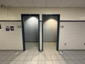 An official with the Thames Valley District school board said removing the washroom doors at Strathroy District Collegiate Institute does not infringe on student privacy because no one can see into the washroom from the corridor. Photograph taken on Wednesday, March 29, 2023. (JONATHAN JUHA/The London Free Press)