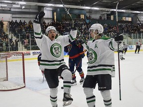 Hayden Lacquette celebrates his third goal of the night in front of the home crowd at Stride Place in Portage la Prairie as the Terriers went on to defeat the Niverville Nighthawks 5-4 in double overtime in game one of the best-of-seven series. (Heather Jordan)