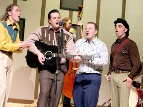 Jerry Lee Lewis (Leo Moore), Johnny Cash (Jeffrey Wright), Carl Perkins (Liam Pollock Seymour) and Elvis Presley (Tom Peer) are backed up by Brother Jay (Marshall Jaaskelainen) in a scene from West End Theatre Project's production of Million Dollar Quartet. BRIAN KELLY