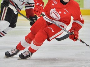 Former Soo Greyhounds defenceman Jacob Holmes in action against the Guelph Storm. The Hounds traded the Alliston resident to the Sudbury Wolves last January, the Wolves trading Holmes to the Windsor Spitfires on Jan. 3 of this year. Holmes and the Spits finished first overall in the Western Conference, with serious designs on a trip to the Memorial Cup in Kamloops come late May.