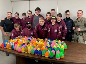 The Cyber Eagles, bomb technicians and Det. Ryan Katchur assembled 200 beeping eggs for the Easter egg hunt. Photo supplied