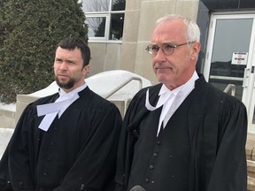 Assistant Crown attorney Kevin Ludgate and Crown attorney Rob Parsons are pictured outside the Sudbury courthouse on Wednesday.