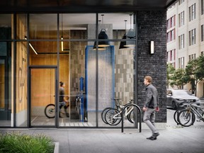Centricity’s bike lobby at street level includes temporary parking for residents who want to dash up to their units before heading out again. Also, there is direct access to a dedicated bike elevator that takes you to the bike storage area where there is a bike service and wash station.