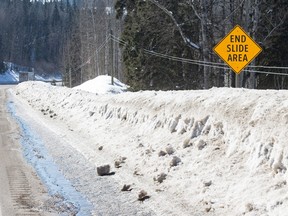An end slide area sign just before the Cottonwood River on Highway 97 South is shown just outside of Quesnel, B.C., on Thursday, March 9, 2023.