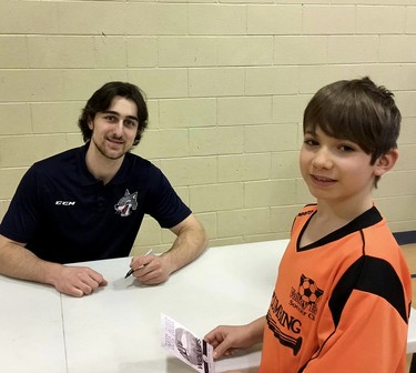 Students at Ecole Alliance St. Joseph in Chelmsford were excited by a visit from Sudbury Wolves player Alex Pharand, a former student at the school who is now studying at College Notre Dame, and teammate David Goyette. “The atmosphere in the school gymnasium was electric as two Sudbury Wolves players came out of the locker room to surprise Grade 1 to 8 students,” Conseil scolaire catholique Nouvelon said in a press release. “The two Sudbury Wolves players talked about various subjects with the students, including their Francophone pride, their backgrounds and the good habits that have contributed to their success as hockey players.” Pharand and Goyette wrapped up their visit by playing a game with the boys from the school's floor hockey team. “It was a very memorable visit for Alliance St. Joseph students and staff.” Supplied