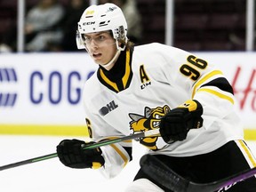 Sarnia Sting's Ty Voit (96) plays against the Guelph Storm in the first period at Progressive Auto Sales Arena in Sarnia, Ont., on Wednesday, Nov. 2, 2022. (Mark Malone/Postmedia Network)