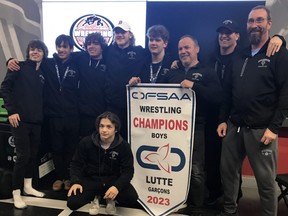 The Great Lakes Wolfpack celebrate their boys' team championship at the OFSAA wrestling championship in Ottawa on Wednesday, March 8, 2023. (Contributed Photo)