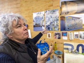 London ceramic artist Susan Day talks about the mosaics she has done and the one on which she is working for Carepoint Consumption and Treatment Service, the new supervised drug use site on York Street, on Thursday, March 23, 2023. (Mike Hensen/The London Free Press)