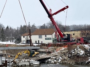 All 20 girders were set in place this week during construction of a new bridge over the Teeswater River in Paisley. (Bruce County photo)