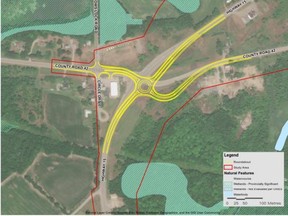 A proposed roundabout at the intersection of Highway 15 and County Road 42 in Crosby is shown here. Photo credit: Dillon Consulting.