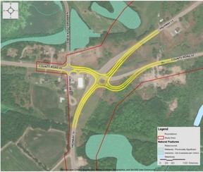 A proposed roundabout at the intersection of Highway 15 and County Road 42 in Crosby is shown here. Photo credit: Dillon Consulting.