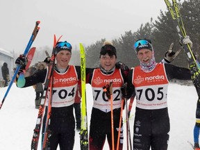 Oxenden Nordic skier Julian Smith (far right) poses for a photo after finishing third in the 30-kilometre race at the 2023 Canadian Ski Nationals hosted by the Lappe Nordic Center in Thunder Bay. Photo submitted.