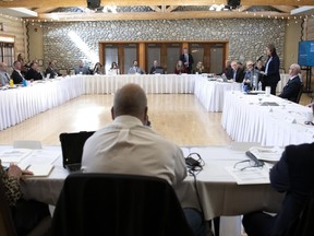 Premier Danielle Smith answered questions from Alberta mayors at the Mid Sized Cities Mayors & CAOs Spring Caucus at the Cochrane RancheHouse in Cochrane, AB on Wednesday, March 22, 2023.