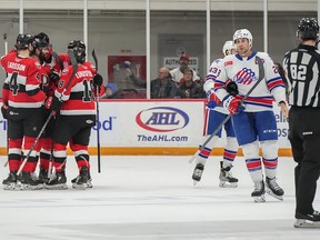 Belleville Senators players celebrate after scoring during their 3-2 victory over the Rochester Americans Saturday at CAA Arena. BELLEVILLE SENATORS

March 4, 2023

© Jana Chytilova/Freestyle Photography
