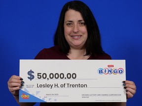 Lesley Hennessy of Trenton recently won a $50,000 prize with Instant Bingo Multiplier.  OLG PHOTO
