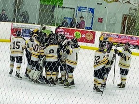 The Chiefs celebrate a Game 1 victory against the St. Albert Merchants in the CJHL semifinals. (Beaumont Chiefs)